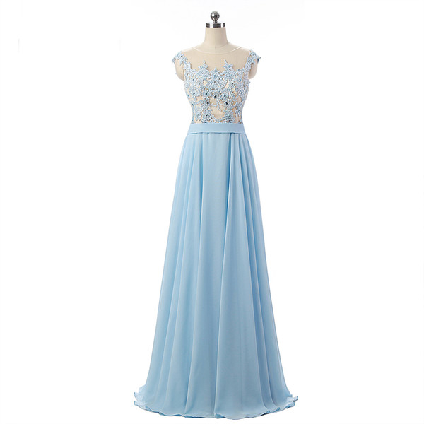 Professional Designer Baby Blue Evening Ladies A-Line Dress With Appliques 2017 Chiffon Banquet Gown Floor Length