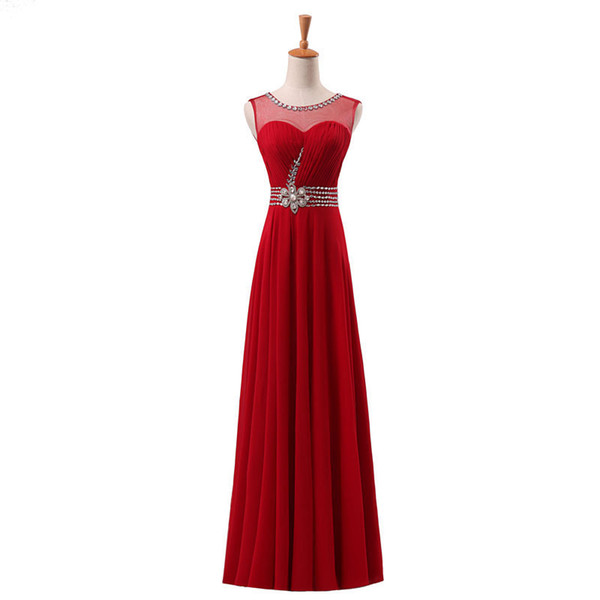 Eren Jossie Long Length Elegant Evening Dress Ladies Burgundy Chiffon Sleeveless Beaded 2017 European American Style