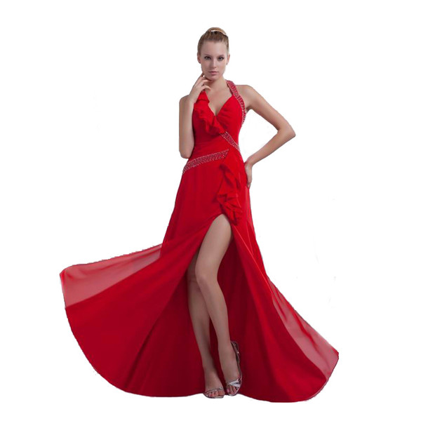 Attractive Red Party Evening Dress Beaded Chiffon Halter Neck Split Banquet Gown Floor Length European Style