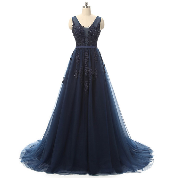 Competitive Price A-Line Style Evening Dress Navy Blue Young Ladies Tulle Party Gown With Lace Appliques