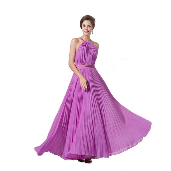 Elegant Ladies Banquet Dress Halter Neck Long Fuchsia Chiffon Pleated Evening Dress Vestido De Noche