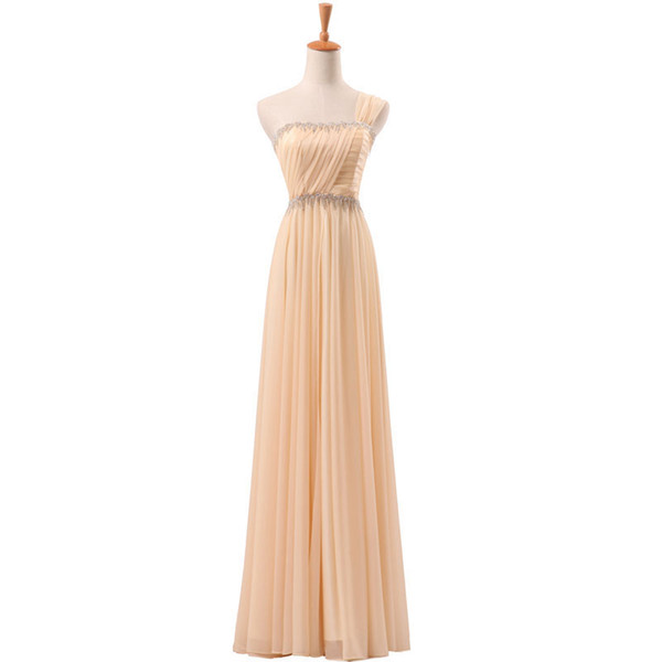 New Brand Competitive Price Formal Design One Shoulder Evening Gowns Floor Length Beaded Champagne Chiffon Gown