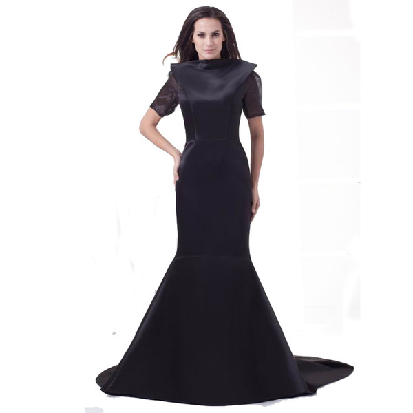 Black Satin Fashion Evening Mermaid Style Dress Sexy Backless Sweep Train Short Sleeve Ladies Dress Prom