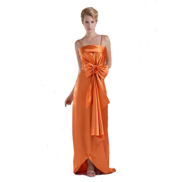 Competitive Price Orange Satin Spaghetti Straps Evening Straight Dress Floor Length Zip Back Women Gown