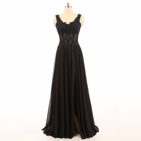 Competitive Price Long Length Black Chiffon Evening Dress With Beaded Appliques Attractive Slit Banquet Dress See Through Bodice