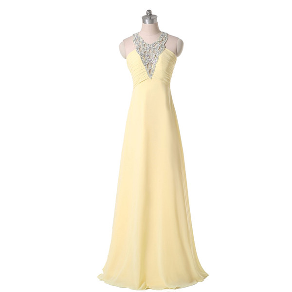 Yellow Chiffon A-Line Style Evening Dress Jewel Neck Beaded Real Photo Ladies Banquet Gown Attractive Open Back