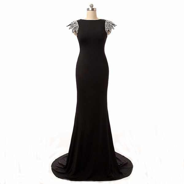 Latest Fashion Ladies Cap Sleeve Evening Mermaid Dress Sexy Open Back Black Dress Good Quality New Brand