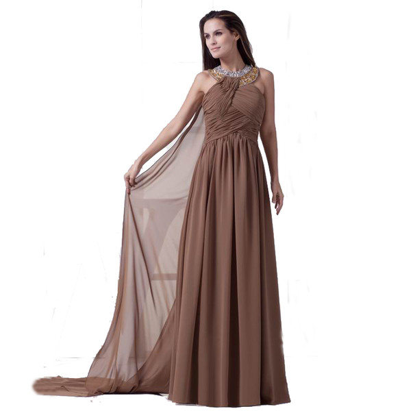 Eren Jossie Halter Neck Brown Chiffon Long Evening Dress Beaded Pleated Gown European American Style