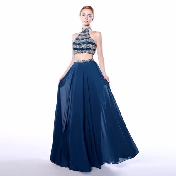 New Fashion Navy Blue Chiffon Two Piece Evening Dress Design Good Quality Ladies Ball Prom Dresses Beaded Party Gown