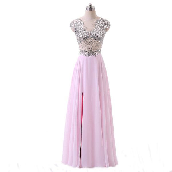 Attractive Style Ladies Evening Dress See Through Bodice With Rhinestones Eren Jossie Brand Long Split Gown