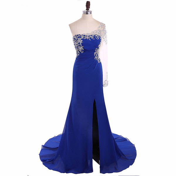 Vestido De Noche Royal Blue Chiffon Evening Split Dress With Beads One Sleeve Design Attractive Ladies Banquet Dress