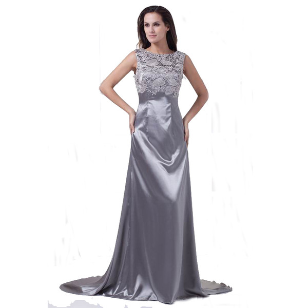 Modest Ladies Sweep Train Evening Dress Silver Soft Satin Lace High Quality Jewel Neck Style Banquet Gown