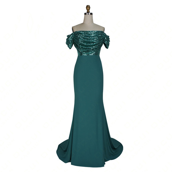 Cap Sleeve Dark Green Sequined Dress Evening Mermaid Design Off Shoulder Women Long Dress Sweep Train