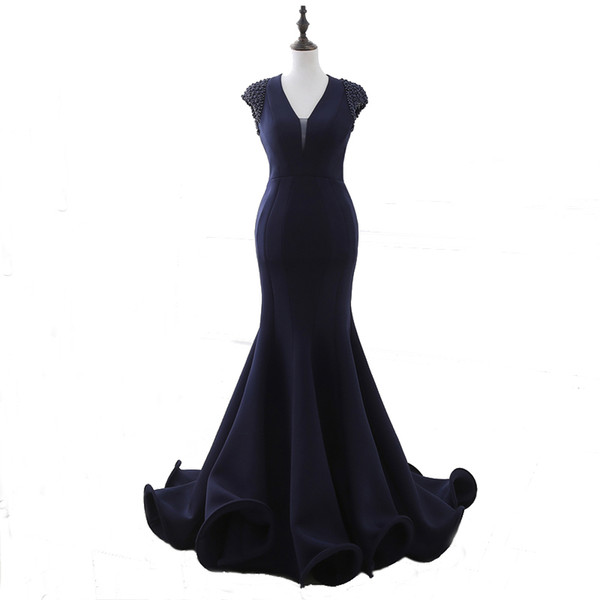 Attractive Ladies Carpet Dress Navy Blue Mermaid Style Beaded Straps Fashion Evening Dress Latest Designer Gown