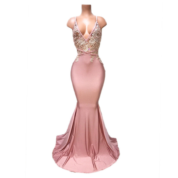 GiayMus Sexy Party Dresses Spaghetti Mermaid Pink Evening Dress Deep V-Neck Prom Dresses Long Vestidos De Festa Arabian Dubai Dresses