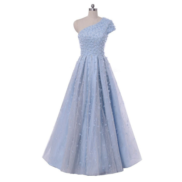 Elegant Evening Formal Dresses A-Line Beads Embroidery One Shoulder Prom Dresses Short Sleeve Vestidos de fiesta largos Blue Evening Dresses