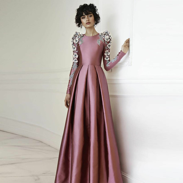 Elegant Evening Dress Unique Design Embroidery 3D Lace Appliques Sleeves Beaded Formal Evening Dress O-Neck Pleated Long A-Line Prom Dresses