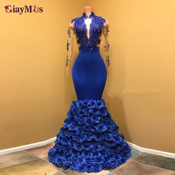 GiayMus Gown High Neck Sheer Mermaid Evening Dress with Stretch Illusion Hand Beaded Appliques Rose Blue Prom Dresses Vestidos De Festa