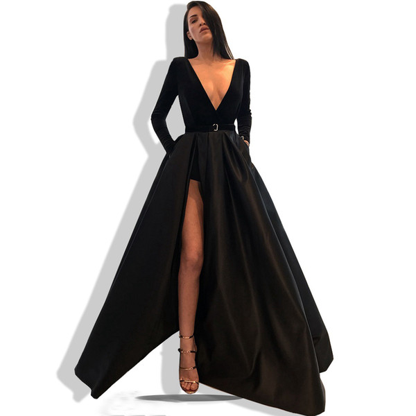 GiayMus Long Evening Dress Sexy Deep V-neck Long Sleeve Vestidos De Festa High Slit Arabic Style Black Formal Women Evening Gowns