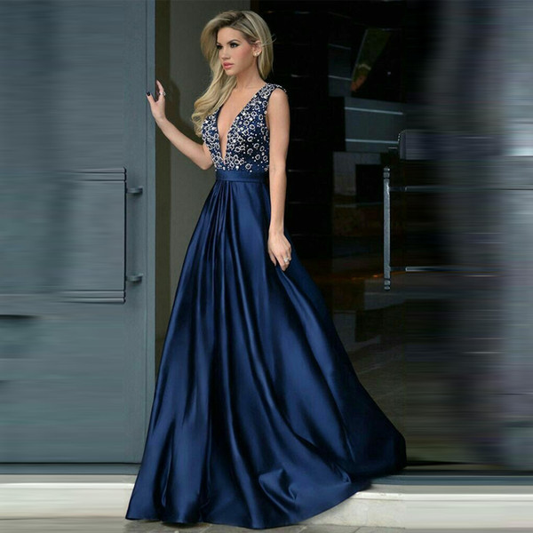 Elegant Blue Evening Dresses Deep V-Neck Sleeveless A-Line Open Back Pleated luxurious Beaded Prom Dress Formal Evening Gown