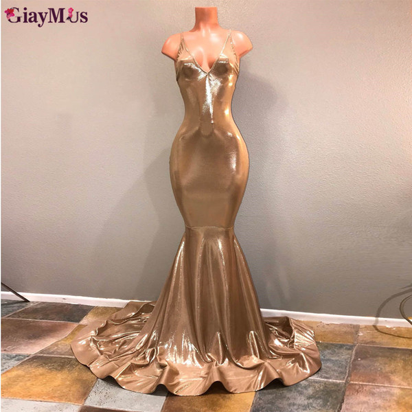 GiayMus Mermaid Prom Dresses Spaghetti Sleeveless Evening Dresses Gold Long Prom Gown Open Back Sexy Sweep Train Vestidos De Festa