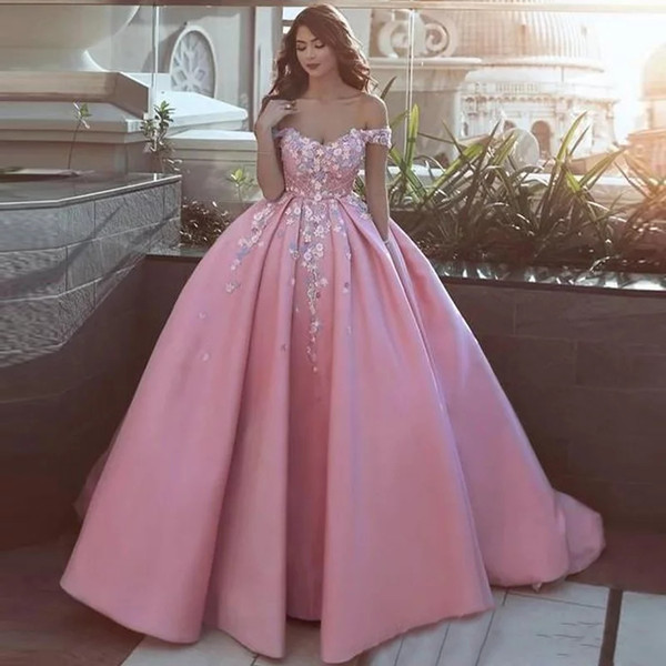 Saudi Arabia Pink Evening Dresses Pretty Flower Appliques Formal Party Dress with Pockets Off Shoulder Ball Gown Plus Size Vestidos De Festa