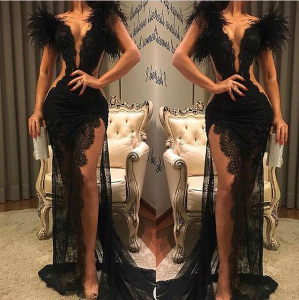 Evening dress Sleeveless Feather V-Neck Black Vestidos de Festa Sexy Side split Long Dress Lace Dubai Arabic Party Dress