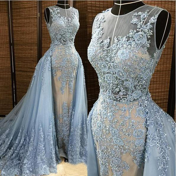 Luxurious Embroidery Evening Gowns with Tulle Detachable Overskirt Illusion Blue-gray Pearls Beaded Prom Party Gowns robe de soiree