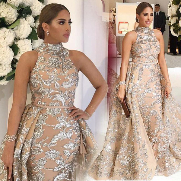 Yousef Aljasmi Dubai Arabic Evening Dresses Prom Gowns Overskirt Detachable Train Champagne Mermaid Lace Applique Party Dress High Neck