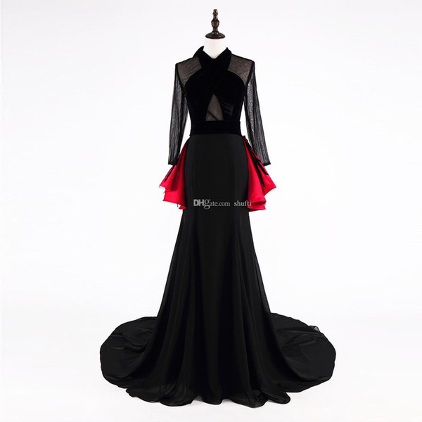 Black Evening Dresses Mermaid Dresses O Neck Illusion Prom Long Sleeves Back Red Ruffles Criss-Cross Halter Chiffon Evening Party Dresses