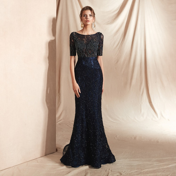 Black Lace Sequins Beaded Short Sleeves Hollow Sexy Back Trumpet Long Gowns Formal Wears Prom Evening Dresses