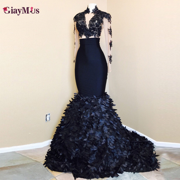 GiayMus Mermaid Evening Gown High Neck Long Sleeves Black 3D leaves Illusion Evening Dresses Tulle Sexy Vestidos De Festa Lace Prom Dresses