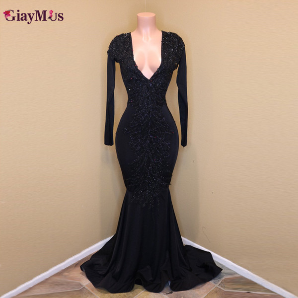 GiayMus Deep V-Neck Mermaid Evening Dresses Beaded Feather Center Piece Long Sleeves Prom Dresses Court train Vestidos De Festa