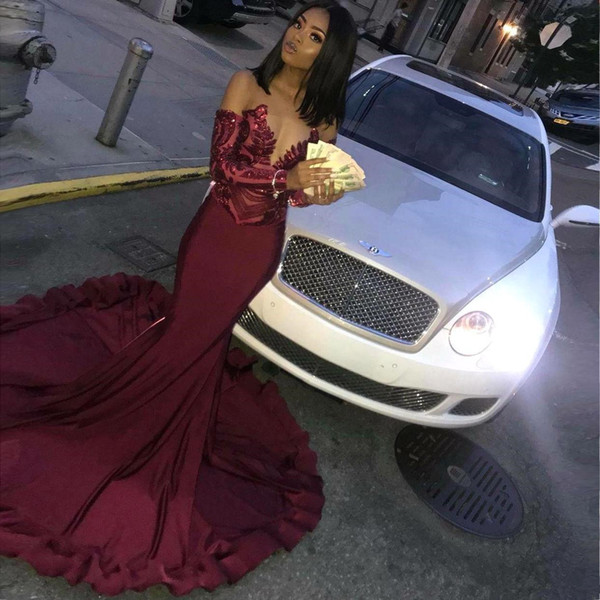 Sexy Burgundy Evening Dresses Satin Mermaid Illusion Sequins Lace Top Black Girls' Plus Size Pageant Prom Party Gowns vestido de festa