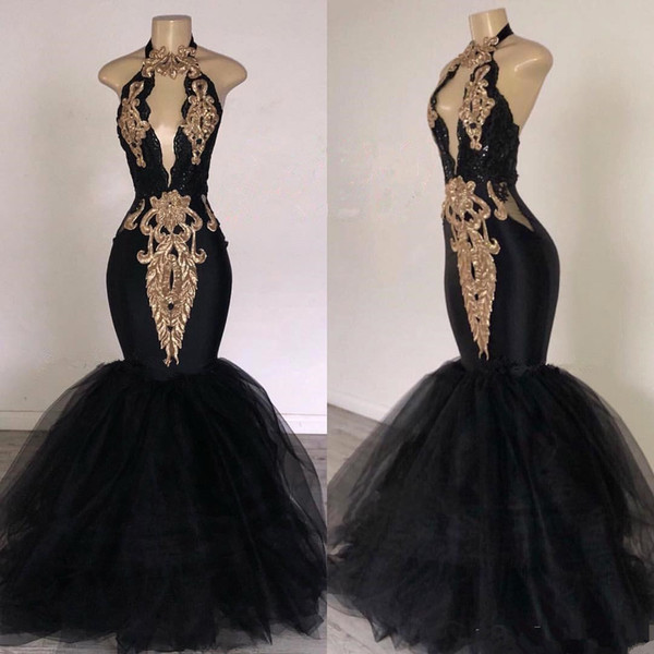 Sexy Black Prom Dresses with Gold Appliqued Mermaid South Africa Formal Evening Dress Halter Neck Party Dress Vestidos de festa