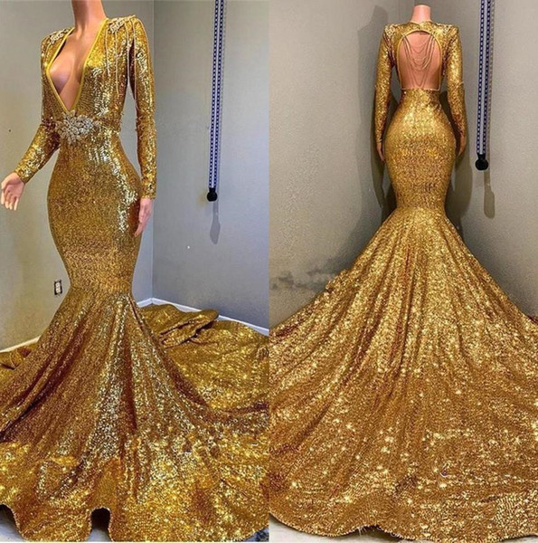 Evening Dress Long Gold Sparkling Full Sleeves Sequins Mermaid Prom Dresses Deep V Neck Beaded Stones Backless Sweep Train Party Gown