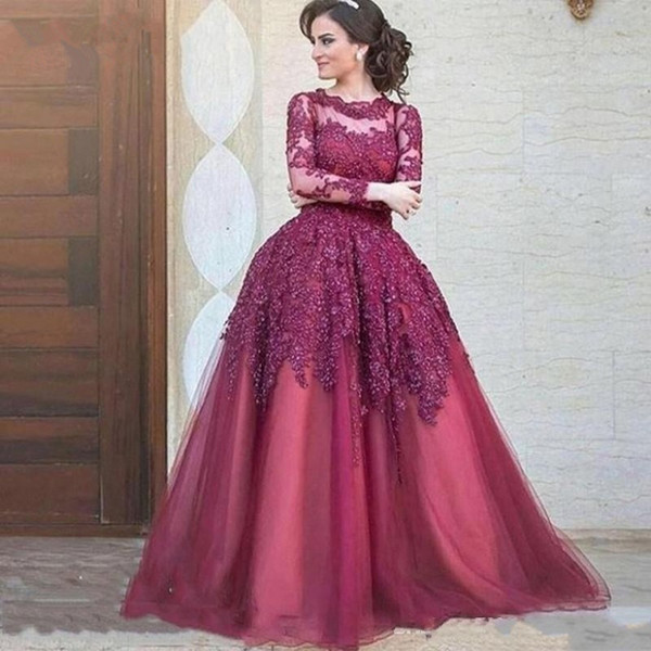 Arabic vestido de festa Evening Dresses Long Sleeve Lace Applique Beaded Burgunday Ball Gown Prom Gowns Sexy Illusion Sweep Train Dress