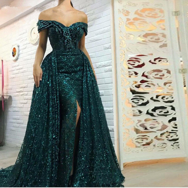 Saudi Arabic Dark Green Mermaid Evening Dress Long Detachable Train Prom Dresses Dubai Turkish Off Shoulder Evening Gowns