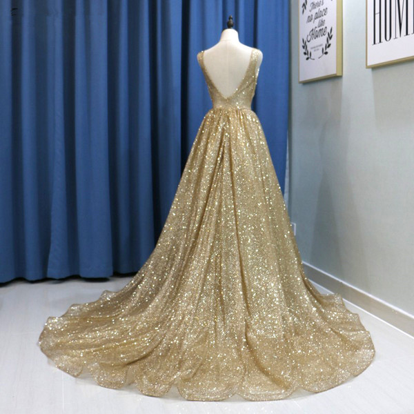 Bling Champagne Gold Sequins Arabic Evening Dress Long Dubai Prom Dresses Sexy V-neck Backless Plus Size Women Formal Gowns vestido de