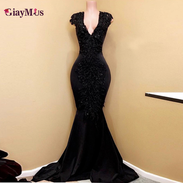 GiayMus Deep V-Neck Sleeveless Evening Dresses Beaded Feather Prom Dress Center Piece Mermaid Dress Court train Sexy Vestidos De Festa