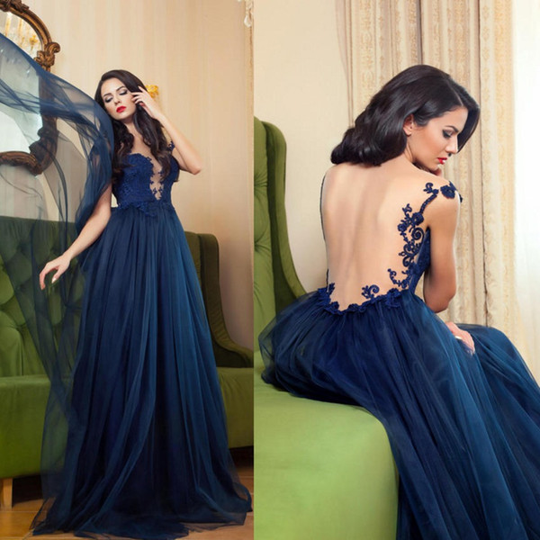 GiayMus High End Dark Navy Blue Prom Dresses With Delicate Appliques Sexy Illusion Evening Dress Back Long Formal Party A-line Abendkleider