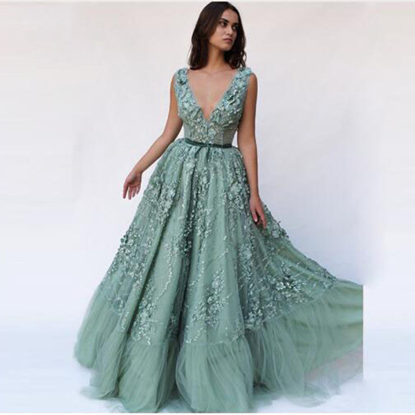 Sexy Deep V-neck Illusion Evening Gowns Pretty Green robe de soiree Elegant Applique Prom Formal Dresses Party vestido longo Abendkleider