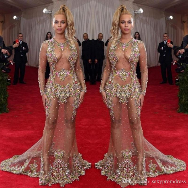 Sheer Beaded Evening Dress Beyonce Met Ball Red Carpet Dresses Nude Naked Celebrity Gown See Through Formal Wear Sweep Train Backless