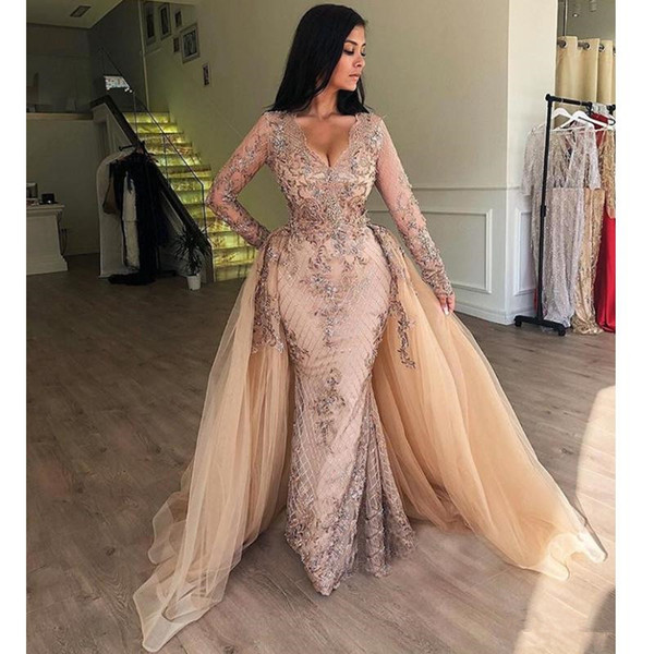 Chic V Neck Long Sleeve Evening Dresses With Tulle Detachable Train Elegant Mermaid Ruffles Appliques Lace Prom Gowns Saudi Arabic Plus size