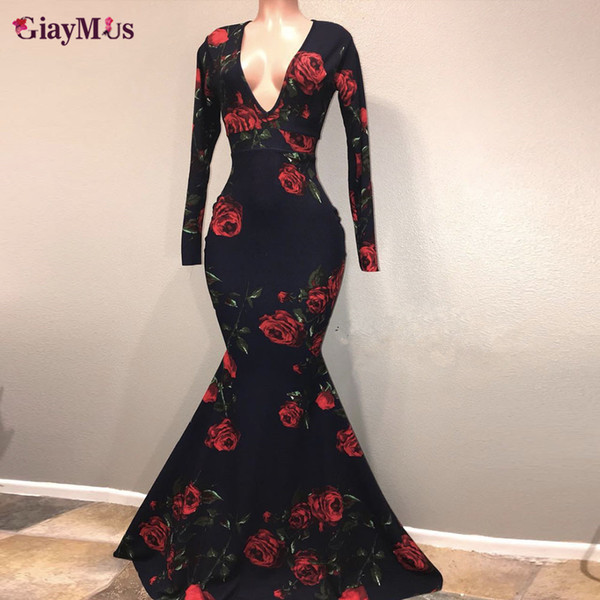 GiayMus Fashion Printed Evening Dresses Deep V-Neck Mermaid Prom Dress Long Sleeves Sweep Train Celebrity Party Gowns African Dubai