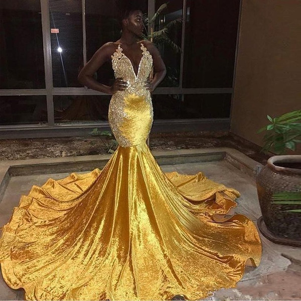 Elegant Yellow Velvet Prom Dresses For Black Girl Mermaid Halter Lace Appliques Evening Gowns Sexy Backless Arabic vestido de festa