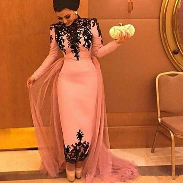 Evening Dresses Mermaid Prom Dress Pink Vestidos de Festa Lace Applique Long Sleeves Ankle Length Muslim Style Dubai Arabic Party Dress