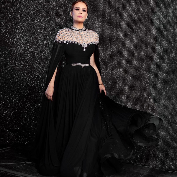 Yousef Aljasmi Black Chiffon Long Arabic Evening Dress with Cape Sleeves Crystal Rhinestones High Neck Dubai Prom Formal Dresses