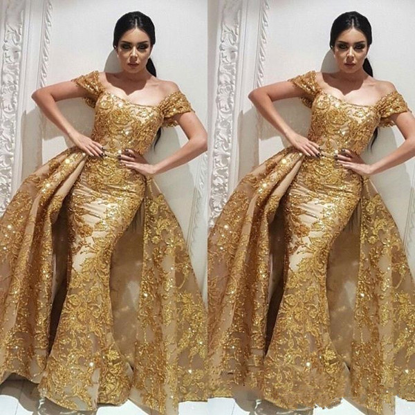 Luxury Gold Sequins Mermaid Evening Dresses Appliques Detachable Train Arabic Dubai Off Shoulder Arabia Prom Party Gown vestido de festa