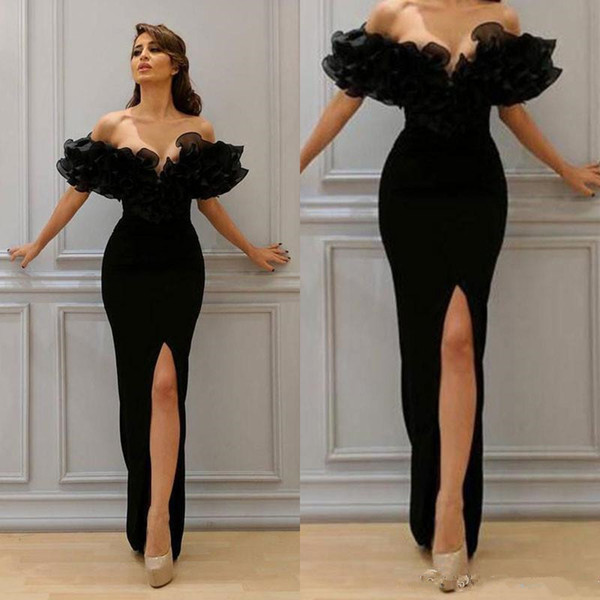 Sexy Black Sheath Evening Dresses New Custom Ruffled Floor Length High Split Off-the-shoulder Formal Party Gowns Hot Selling E031